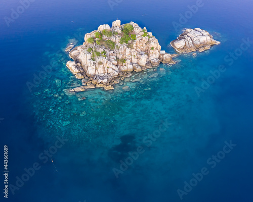 Shark Island Dive Site, Koh Tao Thailand Ko Tao Thai Beach drone aerial uav with copy space
