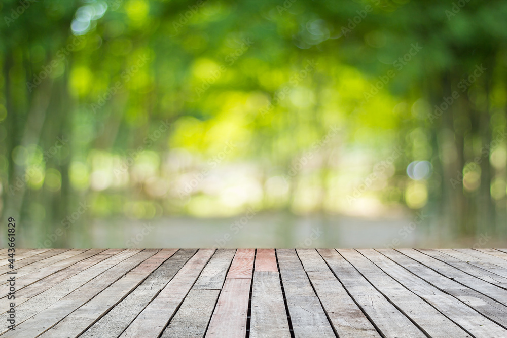 Wood floor with blurred trees of nature park background and summer season, product display montage Wood floor with blurred trees of nature park background and summer season, product display montage