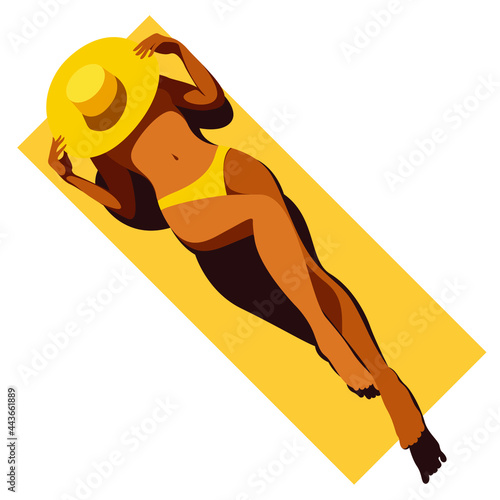 vector trendy illustration on the theme of summer holidays. beautiful young tanned girl in a yellow swimsuit sunbathes on the beach. useful for advertising summer vacations, resorts, hotels, beaches.