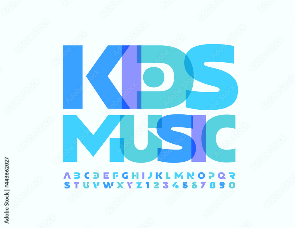 Vector modern logo Kids Music. Blue artistic Alphabet Letters and Numbers set. Playful creative Font