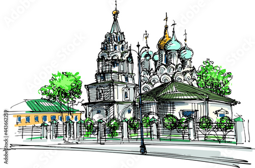 A close view of Orthodox church built in old-Russian style - hand drawn sketch