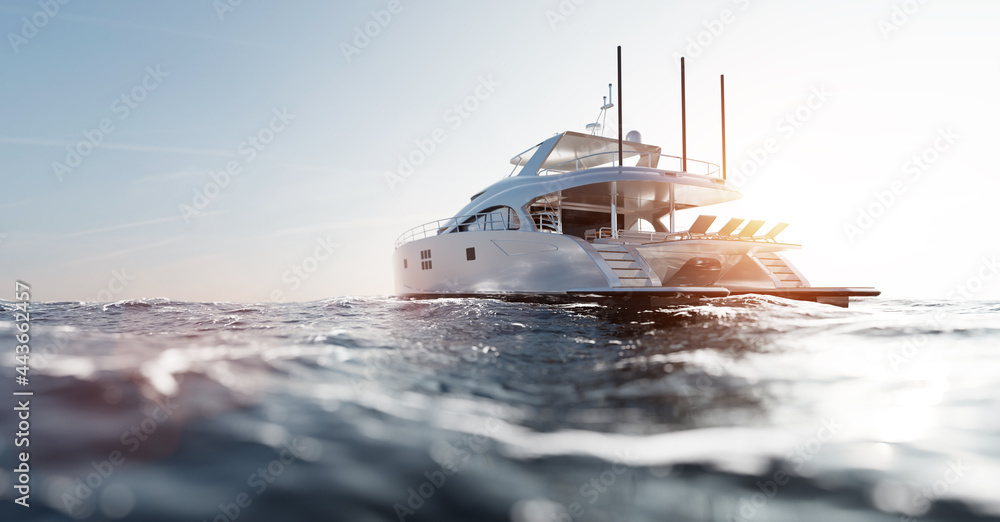 Catamaran motor yacht on the ocean - obrazy, fototapety, plakaty 