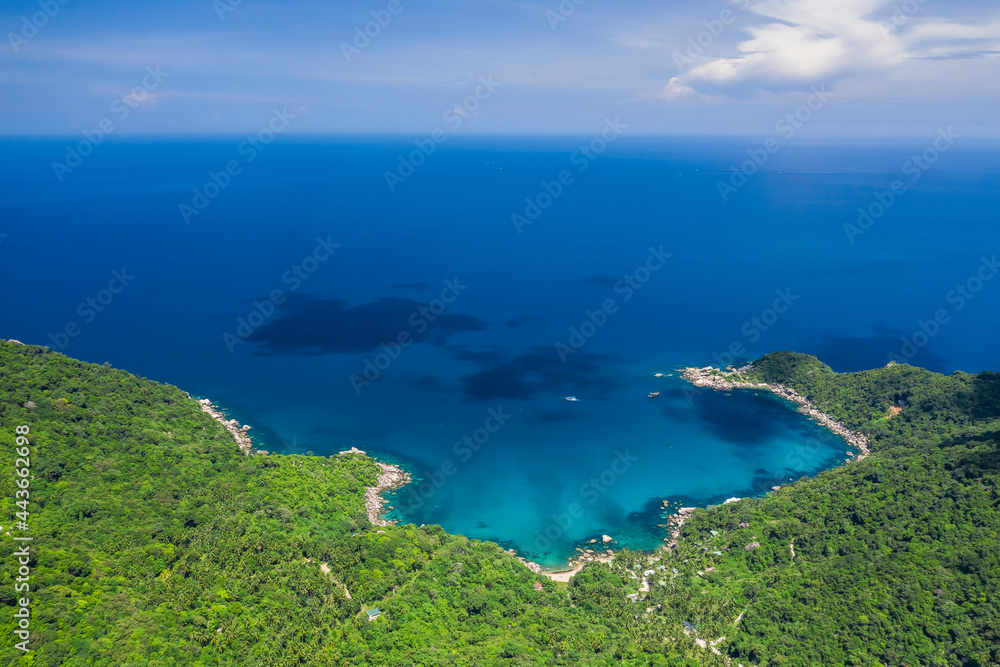 Hin Wong Bay, Koh Tao Island Ko Tao Island Thailand Drone Aerial Shot with Copy Space blue green turquoise landscape 