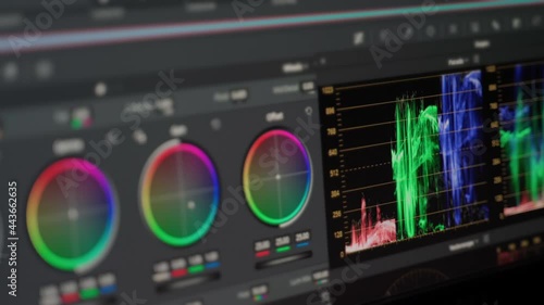 Color Correction Post Production video in Progress. Video editing process and professional colour correction program. Close up