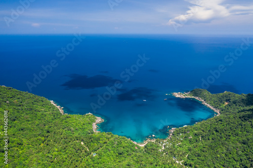 Hin Wong Bay, Koh Tao Island Ko Tao Island Thailand Drone Aerial Shot with Copy Space blue green turquoise landscape 