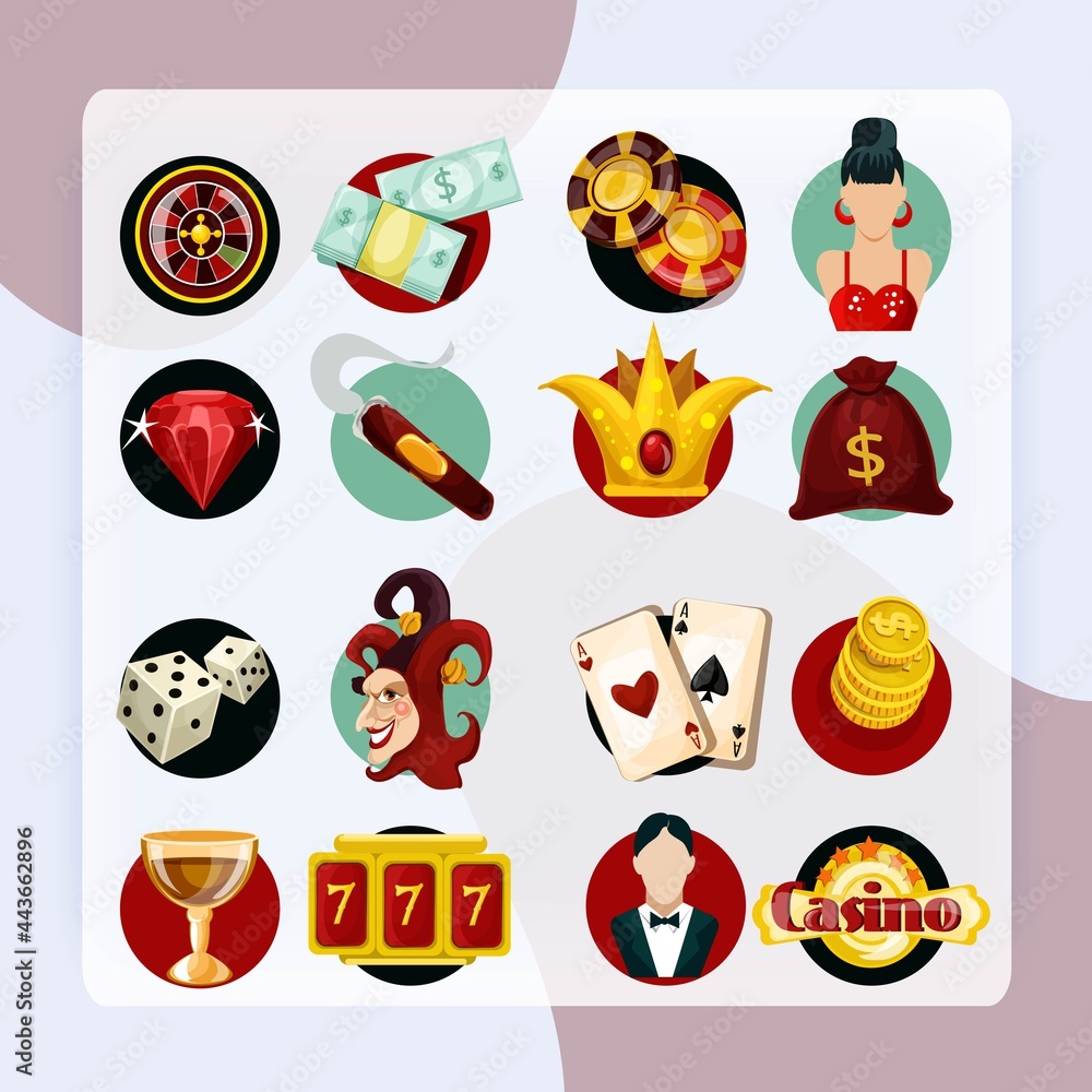 Casino icons set with roulette cigar jocker slot machine isolated vector illustration