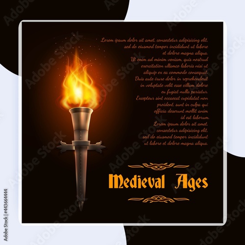 Realistic fire torch on brick wall background with medieval ages text vector illustration