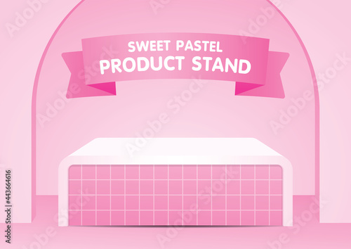 cute pink tile counter with arch on pink pastel background 3d illustration vector for putting your object