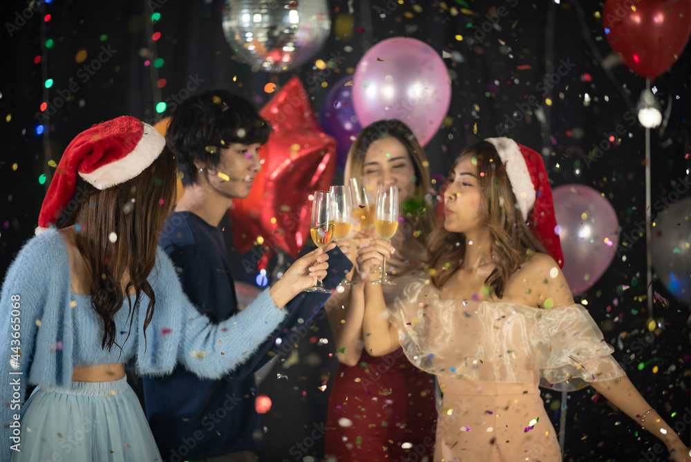 portrait of young people having happiness fun with friendship in new year tradition, smiling with alcohol in birthday party to joy with event in nightclub