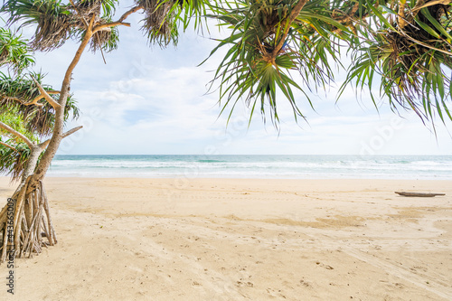 Empty tropical summer beach background Green trees leaves frame with blue sky and white sand beach Wave crashing on sandy shore Amazing beach at Phuket Thailand.