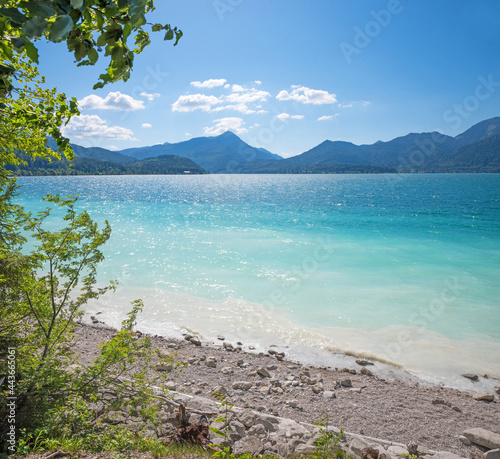 turquoise lake Walchensee and view to bavarian alps, summer landscape