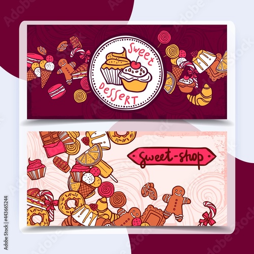 Sweetshop vintage chocolate cupcakes desserts confectionary store ginger boy cookies horizontal banners set abstract isolated vector illustration