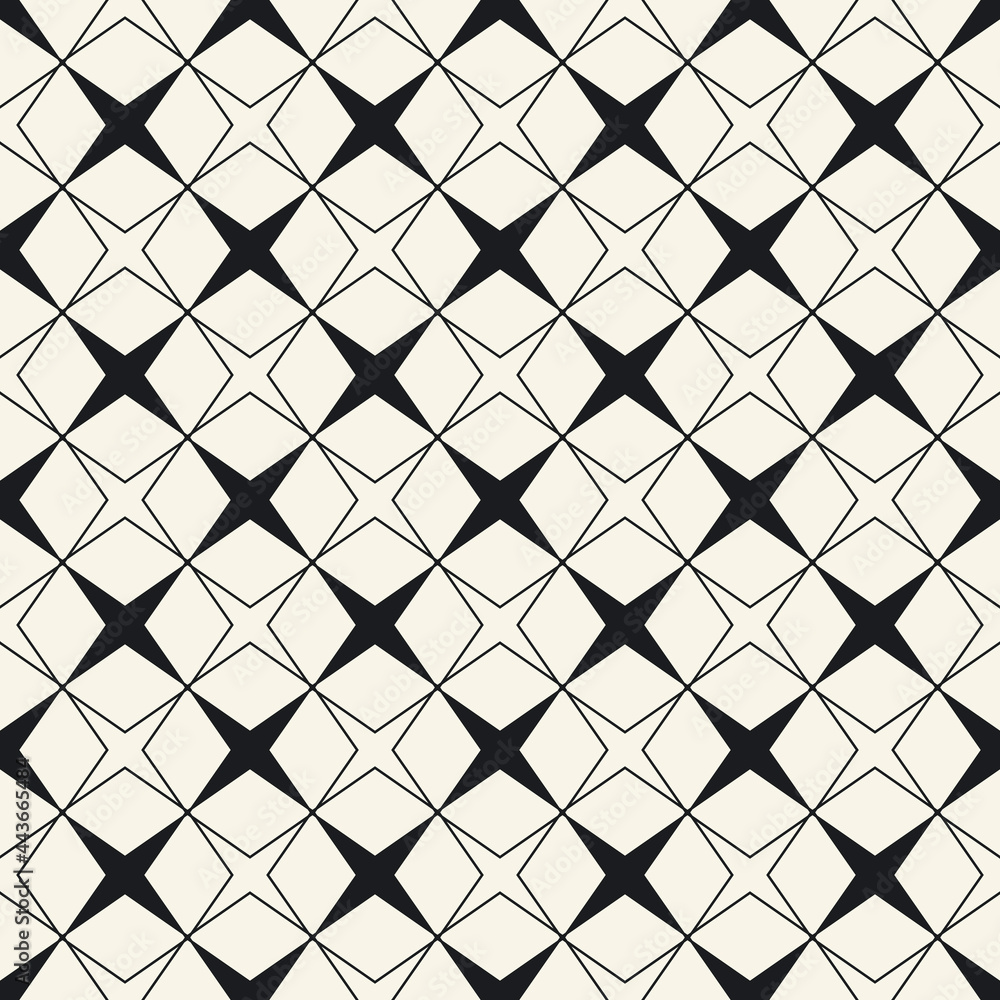 Fototapeta premium Checker four rays pattern. Vector seamless black and white stars wallpaper.