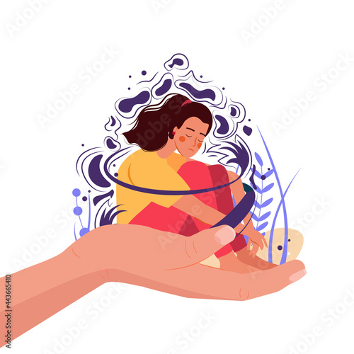 Concept of support and care for people under stress. Human hand helps a sad lonely woman to get rid of depression. A young unhappy girl sits and hugs her knees. Vector illustration in flat style.