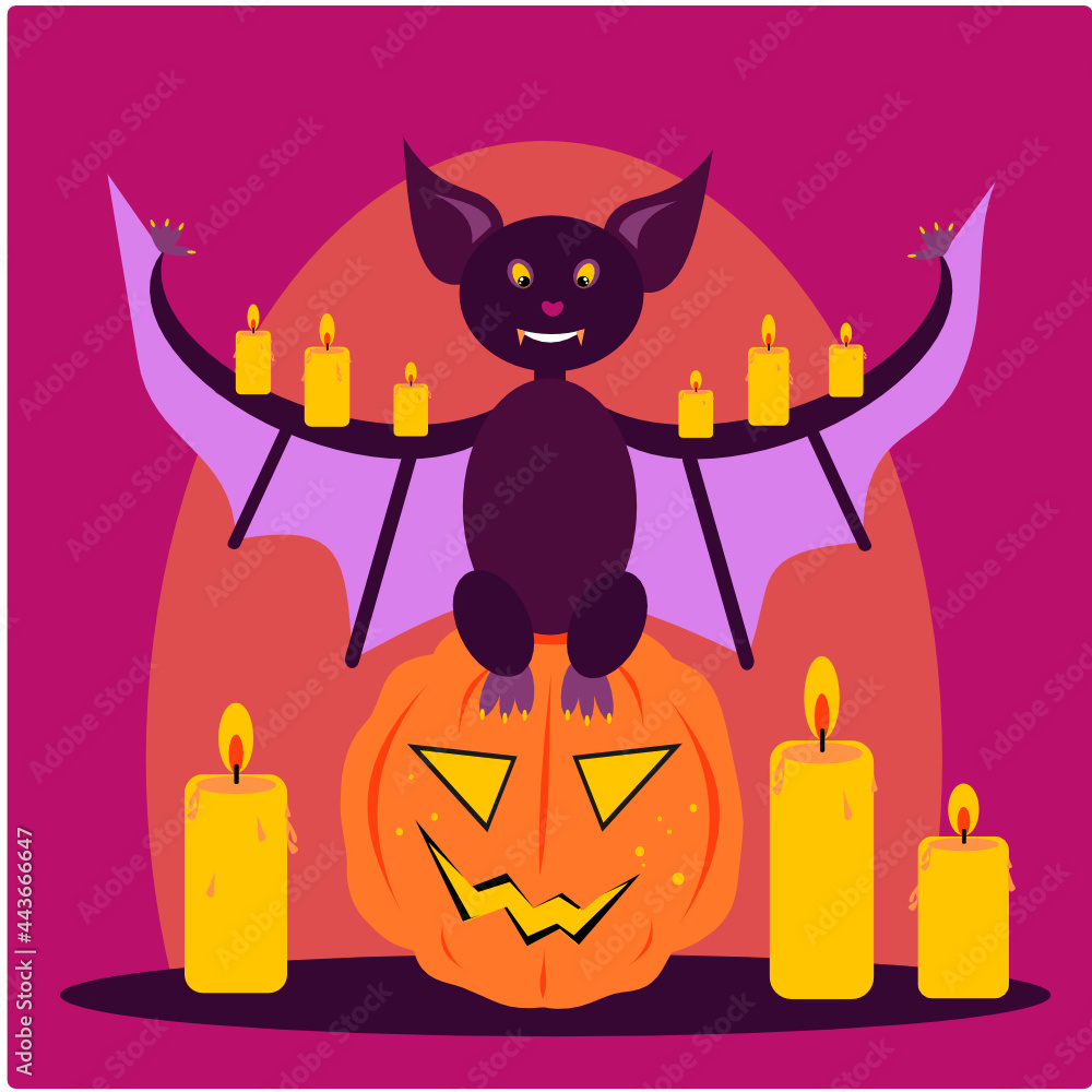 Vector illustration of a card for Halloween with a pumpkin and a bat on a pink background with candles. Pumpkin. Bat. Candle. Happy Halloween. Vector illustration of a card for Halloween with a pumpkin and a bat on a pink background with candles. Pumpkin. Bat. Candle. Happy Halloween.