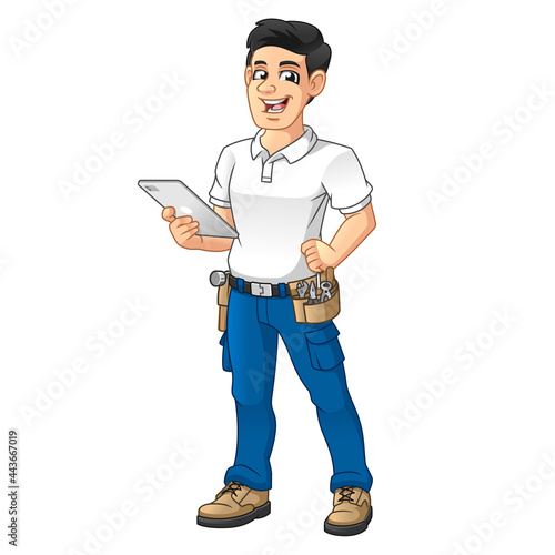 Handyman with a Tool Equipment Belt Holding Tablet