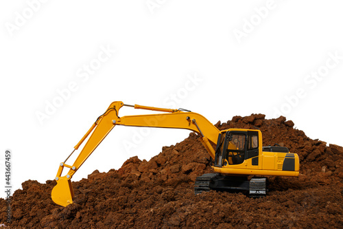 Excavator loader is digging in the construction site work isolated on white background