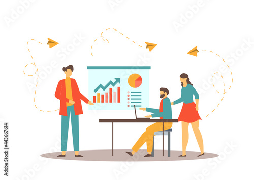Boss explaining business regional marketing strategy to employees group using diagrams, notes on whiteboard. Staff planner meeting. Leader planning strategy. Flat vector character illustration