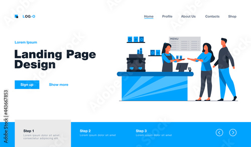 Young people ordering takeaway coffee in cafe. Barista, chat, network flat vector illustration. Hot beverages and service concept for banner, website design or landing web page