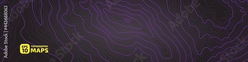 Stylized outlines of topographic lines. The concept of a conditional geographic scheme and trails of the area. Purple on black. Ultra wide size. Vector illustration.