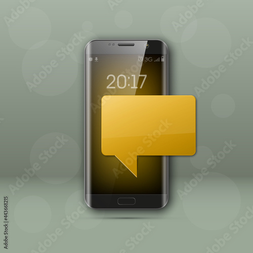 New model Mobile phone with platform for communication. Cell mobile short message. Smartphone blank colloquial cloud banner. Cellular empty advertising poster.