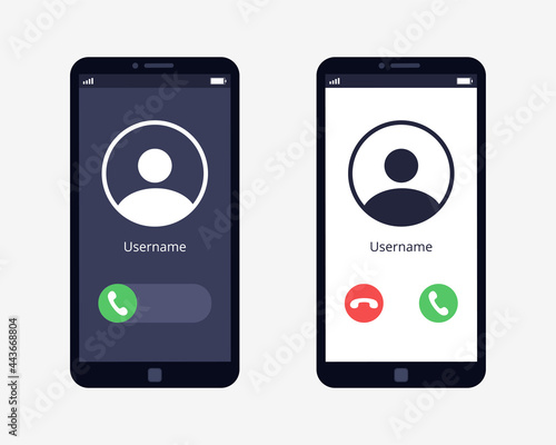 Call screen is installed on the smartphone. Accept button, reject button. Incoming call. Flat vector illustration