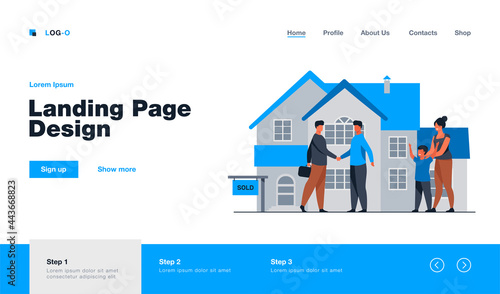 Happy family with kid buying new house. Son, home, mortgage flat vector illustration. Real estate and accommodation concept for banner, website design or landing web page