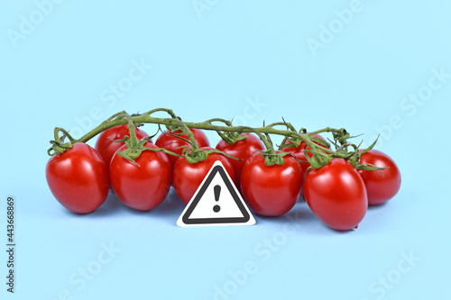 Concept for unhealthy or toxic substances in food like pesticide residues or allergies with warning sign in front of tomatoes on blue background photo