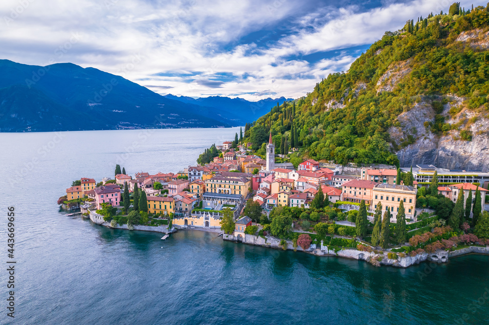 Como Lake and town of Varenna aerial view