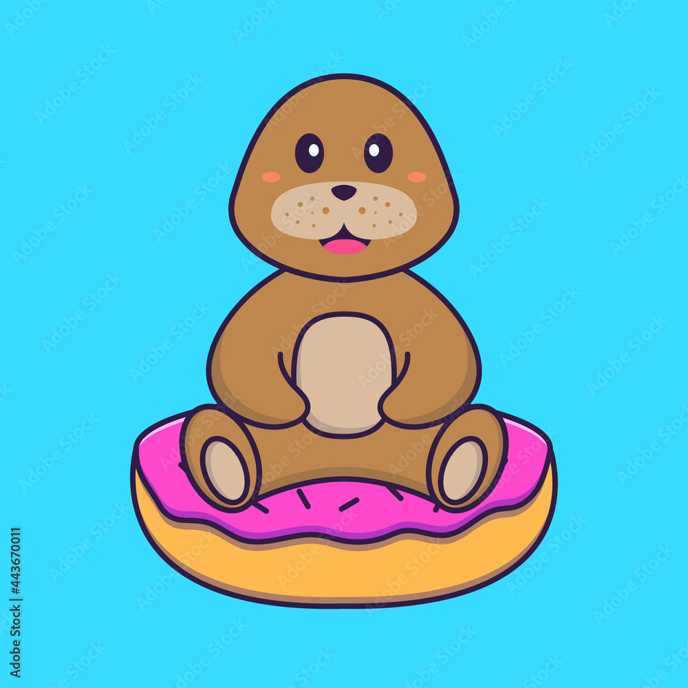 Obraz premium Cute dog is sitting on donuts. Animal cartoon concept isolated. Can used for t-shirt, greeting card, invitation card or mascot. Flat Cartoon Style