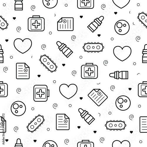 Seamless Pattern Abstract Doodle Elements Hand Drawn Collection Medicine Vector Design Style Background Medic First Aid Kit Microbe Heart Vial Illustration Cartoon Icons