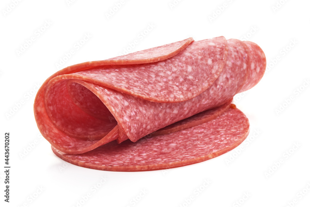 Salami smoked sausage slices, isolated on white background. Salami smoked sausage slices, isolated on white background.