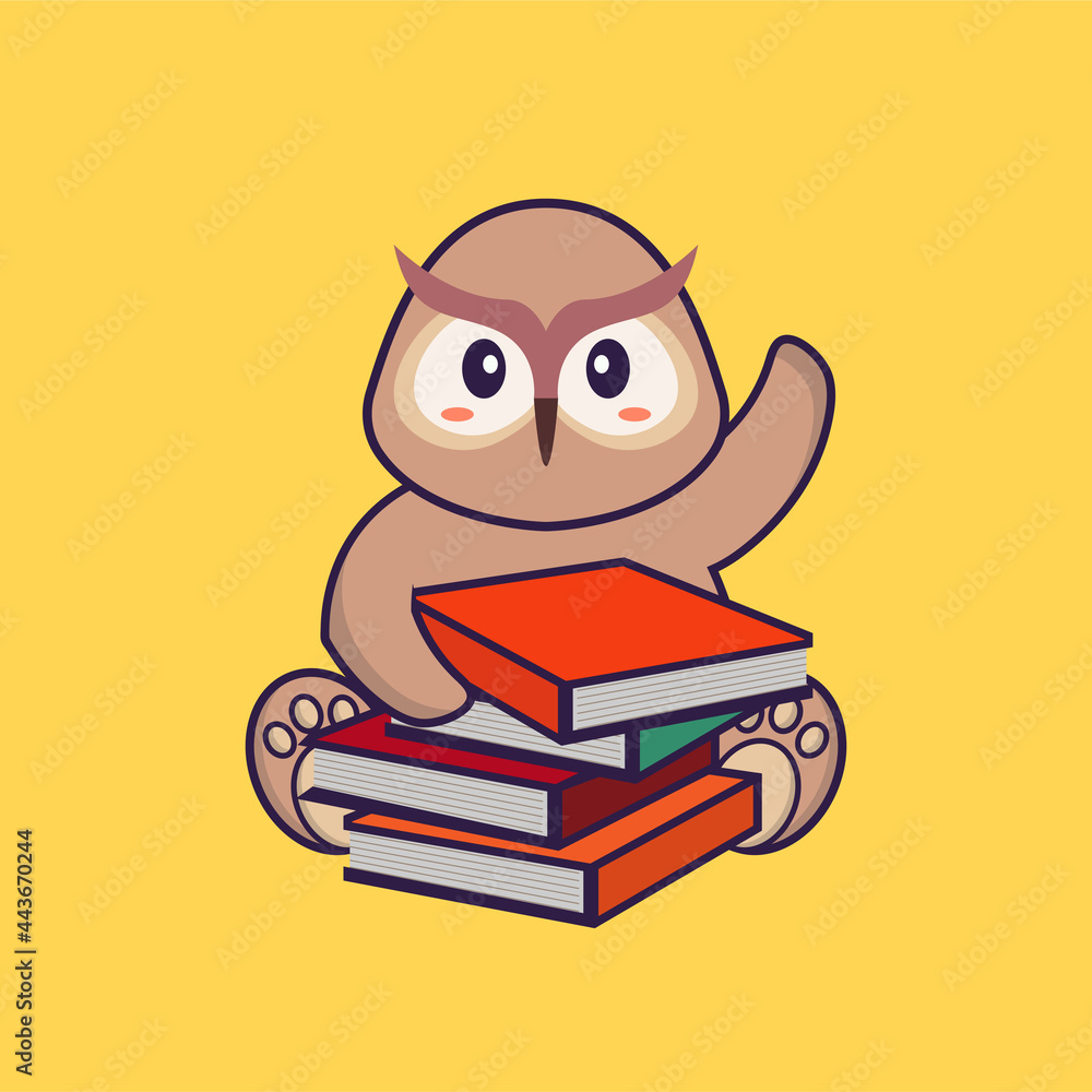 Cute owl reading a book. Animal cartoon concept isolated. Can used for t-shirt, greeting card, invitation card or mascot. flat cartoon style