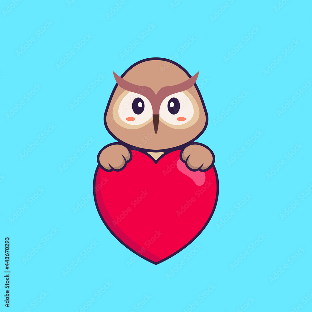 Fototapeta premium Cute owl holding a big red heart. Animal cartoon concept isolated. Can used for t-shirt, greeting card, invitation card or mascot. Flat Cartoon Style