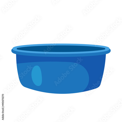 Blue plastic basin. Mass market product for washing and cleaning. Water container. Wide basin for food or house keeping. Vector illustration in cartoon flat style. 