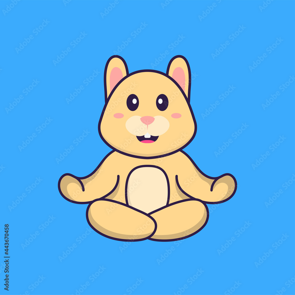 Obraz premium Cute rabbit is meditating or doing yoga. Animal cartoon concept isolated. Can used for t-shirt, greeting card, invitation card or mascot. Flat Cartoon Style