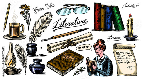 Literature set. Ink and pen, typewriter, coffee and lamp, stack of books and teacher, School essay, Written work. Vintage retro signs. Doodle style. Engraved Hand drawn sketch.