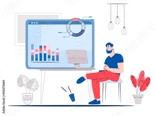 Online business documents workflow or business training concept with man studying chats on computer screen, cartoon vector illustration isolated. Online investments and freelance job.