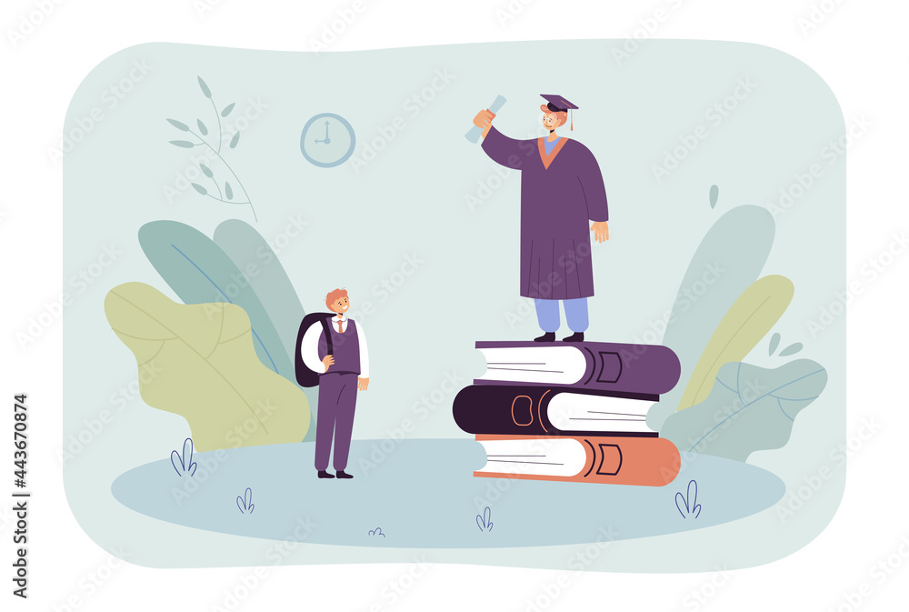 Schoolboy looking at graduate standing on huge books. Pupil smiling at student with graduation cap and diploma flat vector illustration. Education, graduation concept for banner, website design