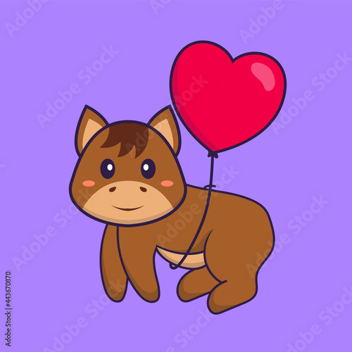 Cute horse flying with love shaped balloons. Animal cartoon concept isolated. Can used for t-shirt  greeting card  invitation card or mascot. Flat Cartoon Style