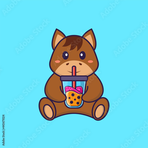 Cute horse Drinking Boba milk tea. Animal cartoon concept isolated. Can used for t-shirt, greeting card, invitation card or mascot. Flat Cartoon Style © Turn
