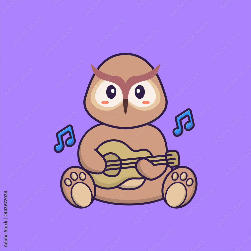 Cute owl playing guitar. Animal cartoon concept isolated. Can used for t-shirt, greeting card, invitation card or mascot. Flat Cartoon Style Cute owl playing guitar. Animal cartoon concept isolated. Can used for t-shirt, greeting card, invitation card or mascot. Flat Cartoon Style