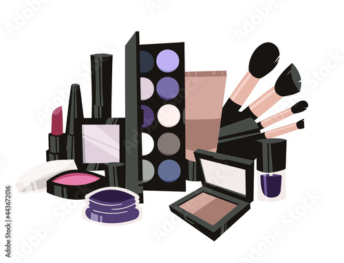 Hand Drawn Cartoon Fashion Illustration Makeup Tools. Vector Set Drawing Beauty Products. Art Work Collection Decorative Cosmetics