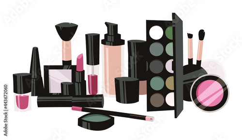Hand Drawn Cartoon Fashion Illustration Makeup Tools. Vector Set Drawing Beauty Products. Art Work Collection Decorative Cosmetics