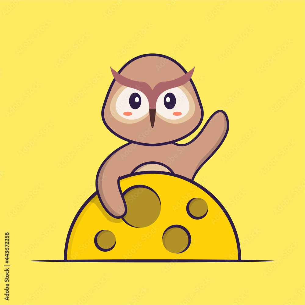 Obraz premium Cute owl is on the moon. Animal cartoon concept isolated. Can used for t-shirt, greeting card, invitation card or mascot. Flat Cartoon Style