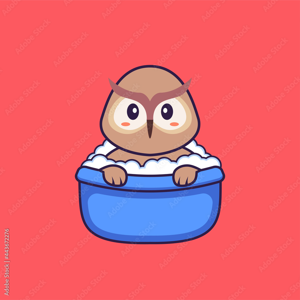 Cute owl taking a bath in the bathtub. Animal cartoon concept isolated. Can used for t-shirt, greeting card, invitation card or mascot. Flat Cartoon Style Cute owl taking a bath in the bathtub. Animal cartoon concept isolated. Can used for t-shirt, greeting card, invitation card or mascot. Flat Cartoon Style