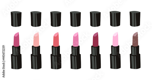 Hand Drawn Cartoon Fashion Illustration Makeup Tools Lipstick. Vector Set Drawing Beauty Product Lips Gloss. Art Work Collection Decorative Cosmetic