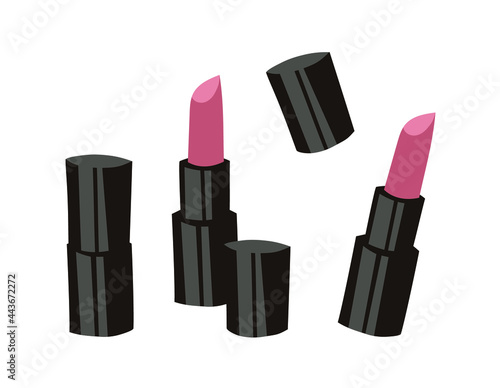 Hand Drawn Cartoon Fashion Illustration Makeup Tools Lipstick. Vector Set Drawing Beauty Product Lips Gloss. Art Work Collection Decorative Cosmetic