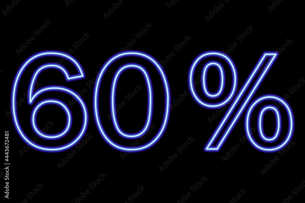 60 percent inscription on a black background. Blue line in neon style. 60 percent inscription on a black background. Blue line in neon style.