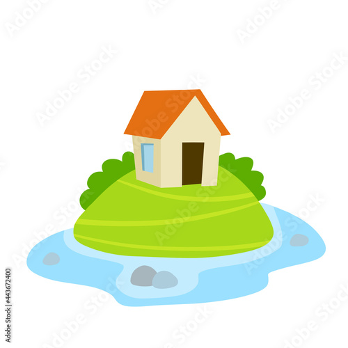 Village house. Home on green hill and road. Flat cartoon illsutration. Rural white building with red roof. Country landscape with river and lake